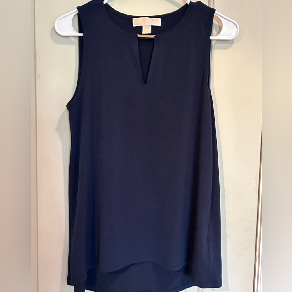 Michael Kors Navy Sleeveless V-Notch Flow Gold Bar Sleeveless Top
